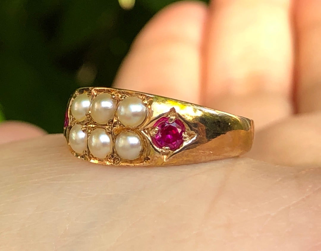 Victorian 15 Karat Gold Ruby & Pearl Antique Ring