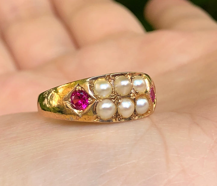 Victorian 15 Karat Gold Ruby & Pearl Antique Ring
