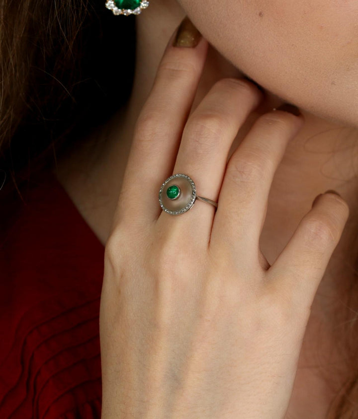 Art Deco Emerald Rock Crystal Platinum Diamond Ring