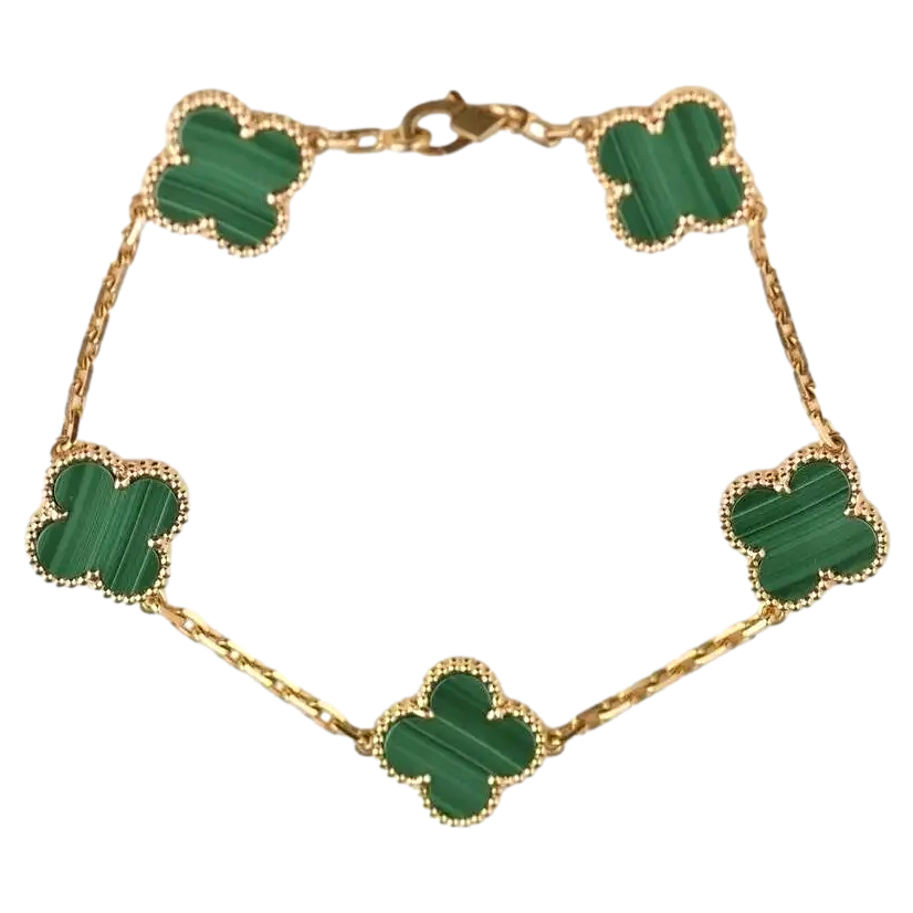 Van Cleef & Arpels 5 Motif Vintage Alhambra Malachite Yellow Gold Bracelet