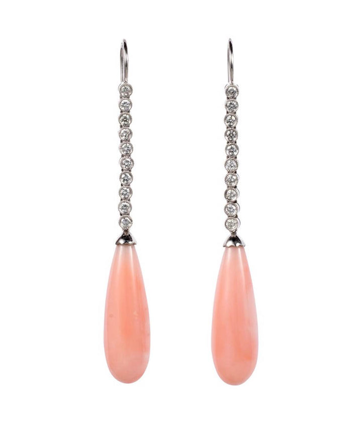 Edwardian Style Pink Coral and Diamond 18 Karat White Gold Earrings - SOLD
