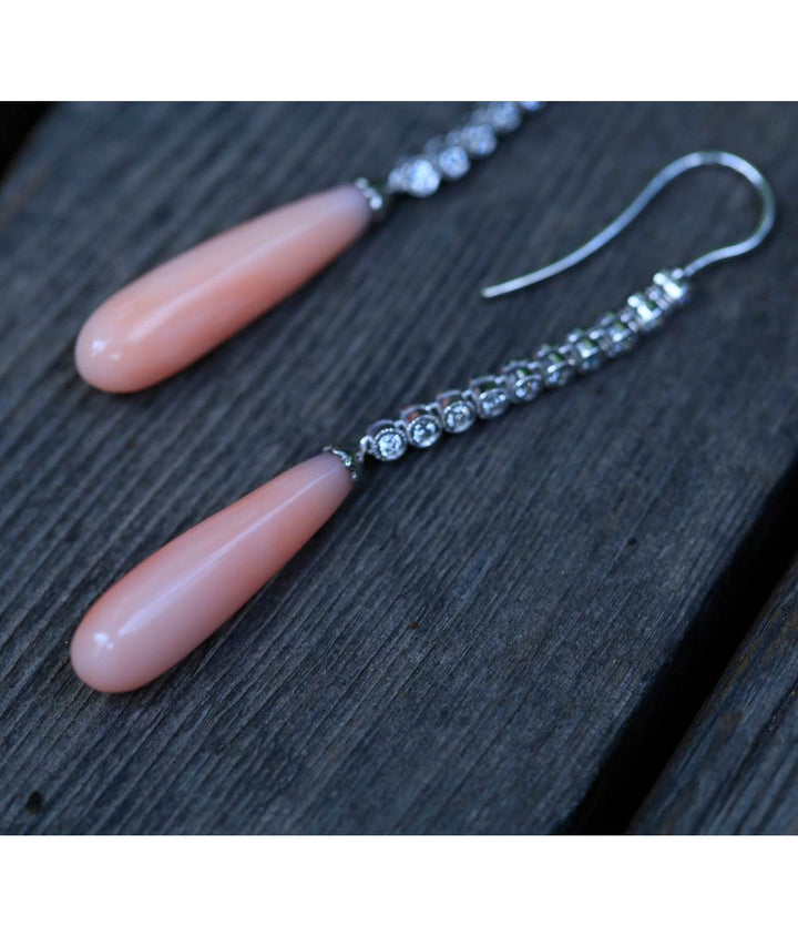 Edwardian Style Pink Coral and Diamond 18 Karat White Gold Earrings - SOLD