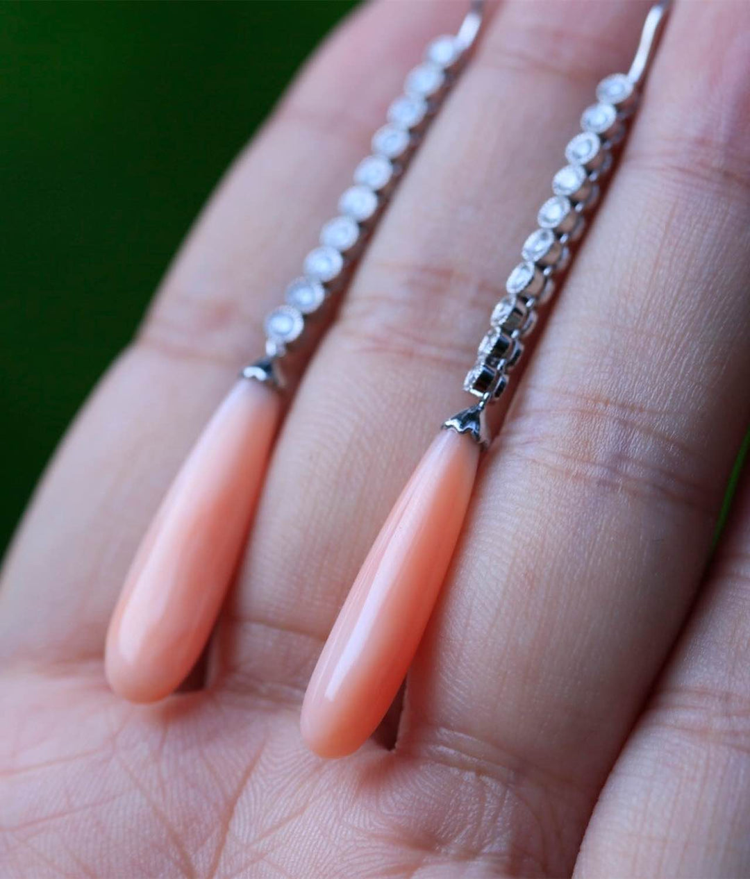 Edwardian Style Pink Coral and Diamond 18 Karat White Gold Earrings - SOLD