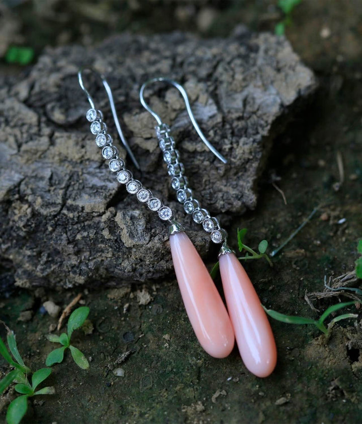 Edwardian Style Pink Coral and Diamond 18 Karat White Gold Earrings - SOLD