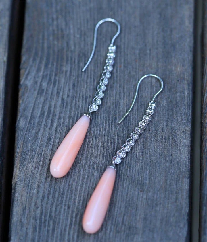 Edwardian Style Pink Coral and Diamond 18 Karat White Gold Earrings - SOLD