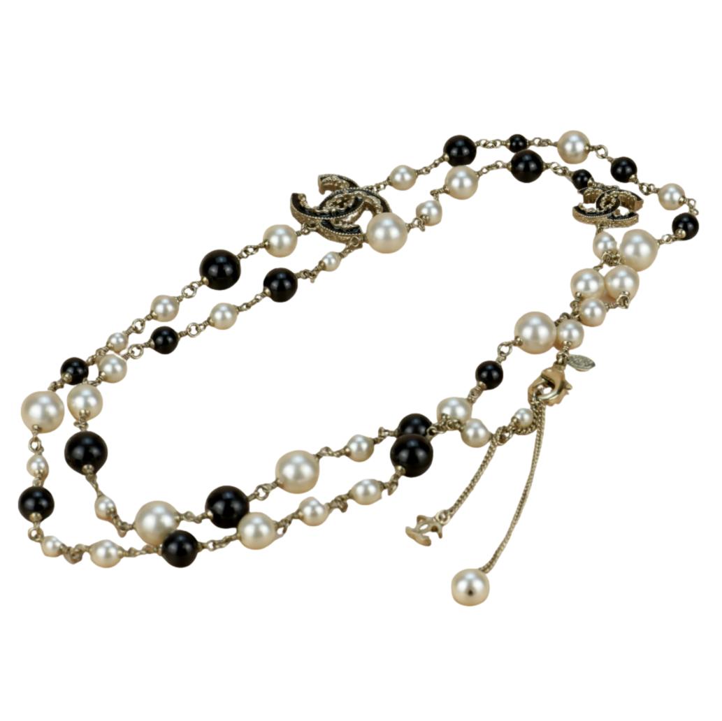 Chanel CC Logo Black Enamel Long Pearl Necklace In Gilt Gold