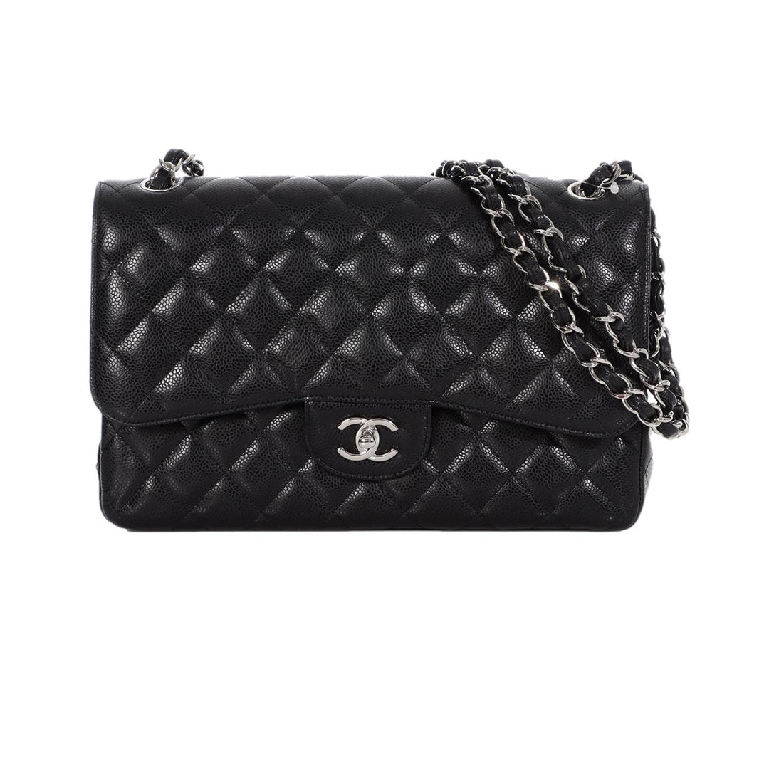 CHANEL Black Quilted Calfskin Caviar Timeless Classic Jumbo Double