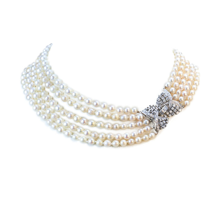 Cultured Pearls Diamond 18K White Gold Multi-String Necklace