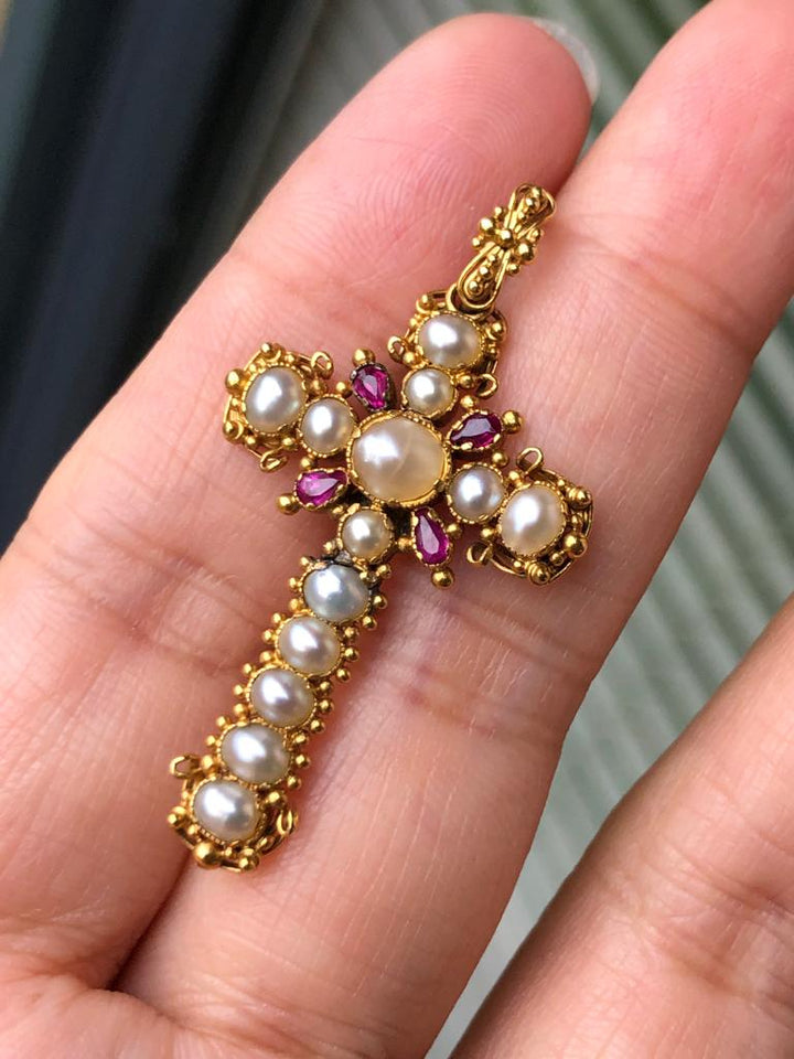 Georgian Gold Ruby & Pearl Cross Pendant