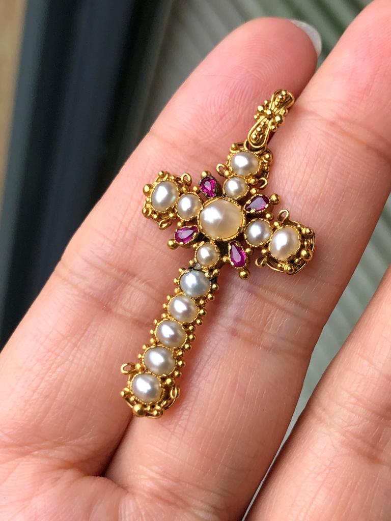 Georgian Gold Ruby & Pearl Cross Pendant