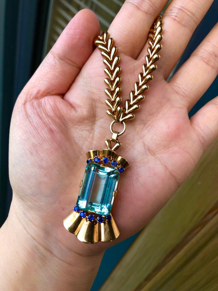 Tiffany & Co. 14 Karat Gold Aquamarine and Sapphire Pendant Necklace- SOLD