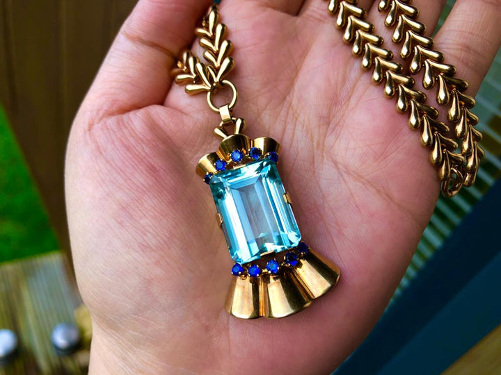 Tiffany & Co. 14 Karat Gold Aquamarine and Sapphire Pendant Necklace- SOLD