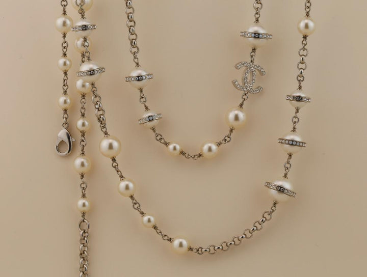 Chanel CC Logo Faux Pearl and Diamond Long Necklace