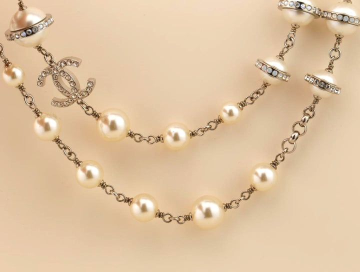 Chanel CC Logo Faux Pearl and Diamond Long Necklace