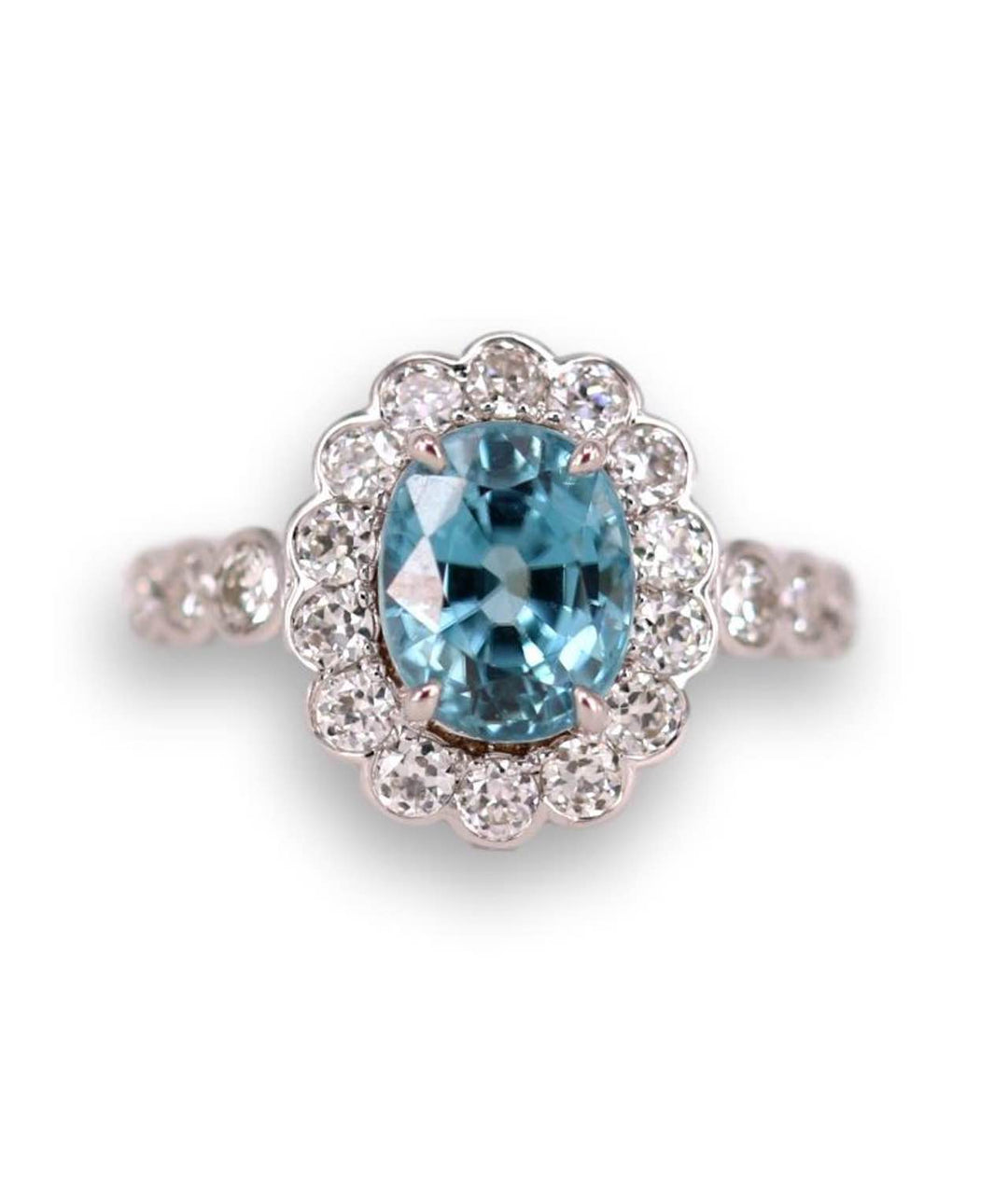 Blue zircon and diamond cluster ring