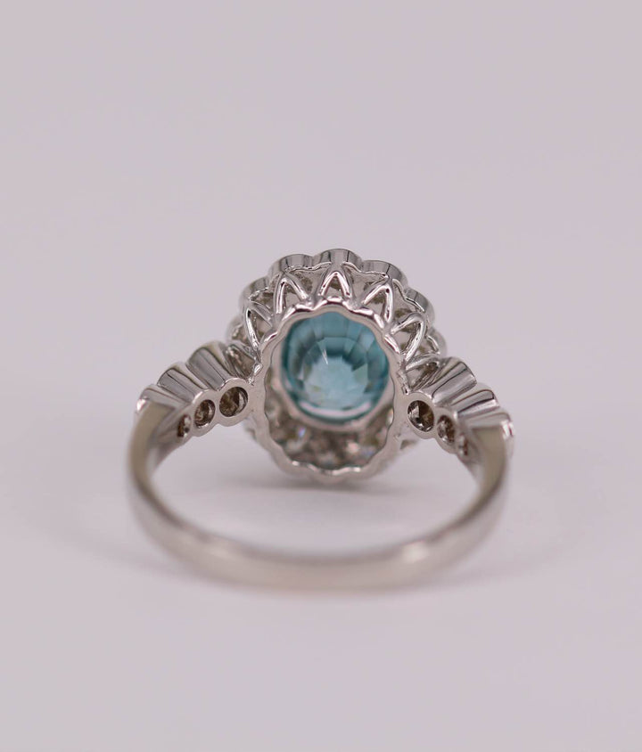 Blue zircon and diamond cluster ring reverse view
