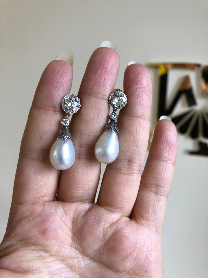 Edwardian Natural Pearl Diamond Platinum Drop Earrings