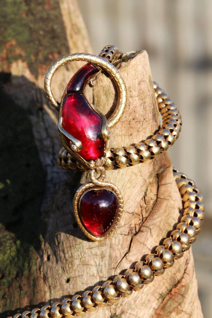 Victorian Garnet, 15 Karat Gold and Rose Cut Diamond Snake Necklace