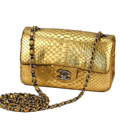 CHANEL, Bags, Chanel Classic Double Flap Silver Metallic Python Snakeskin  Jumbo Handbag Rare