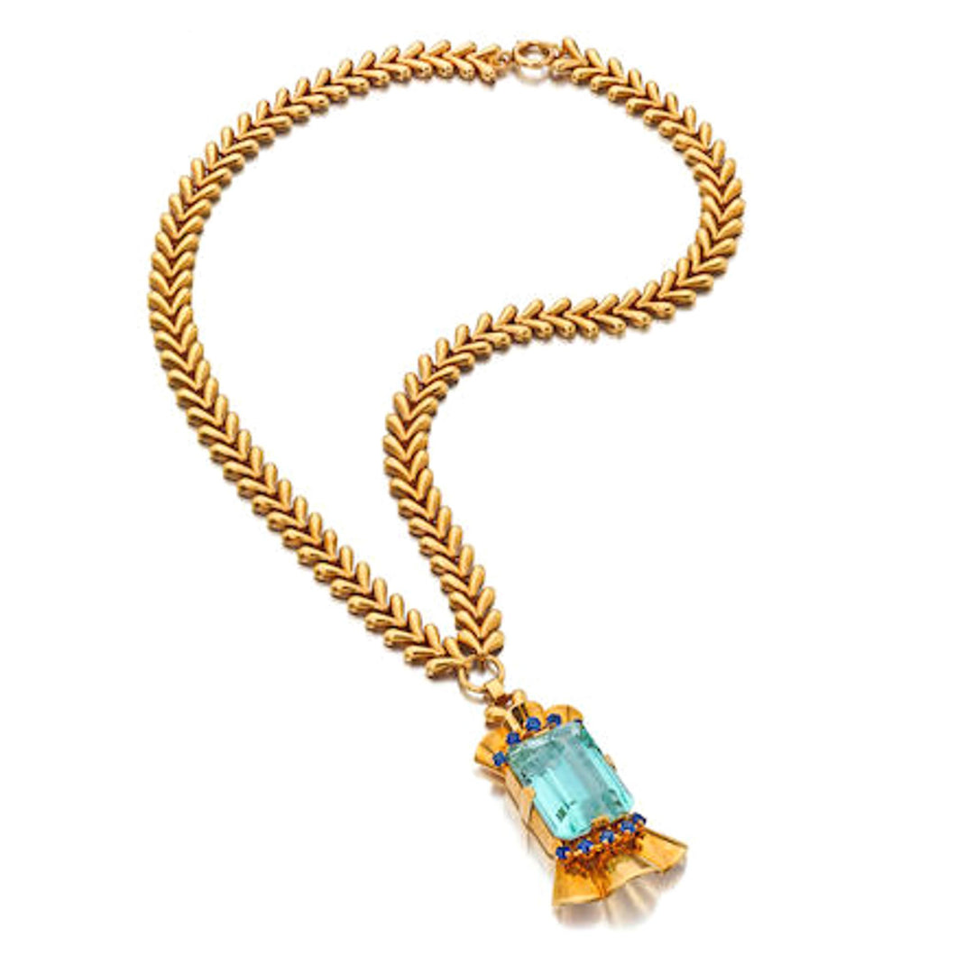 Tiffany & Co. 14 Karat Gold Aquamarine and Sapphire Pendant Necklace