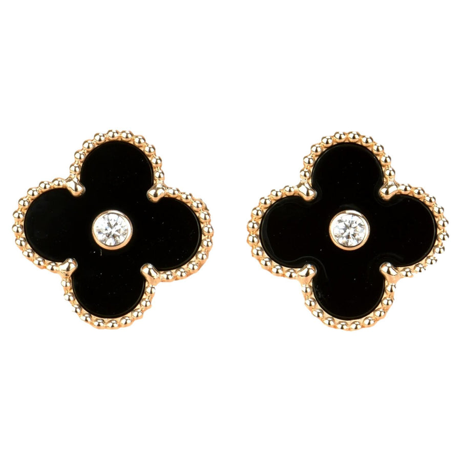 Van Cleef & Arpels Vintage Alhambra Limited Edition Onyx Diamond Gold Earrings