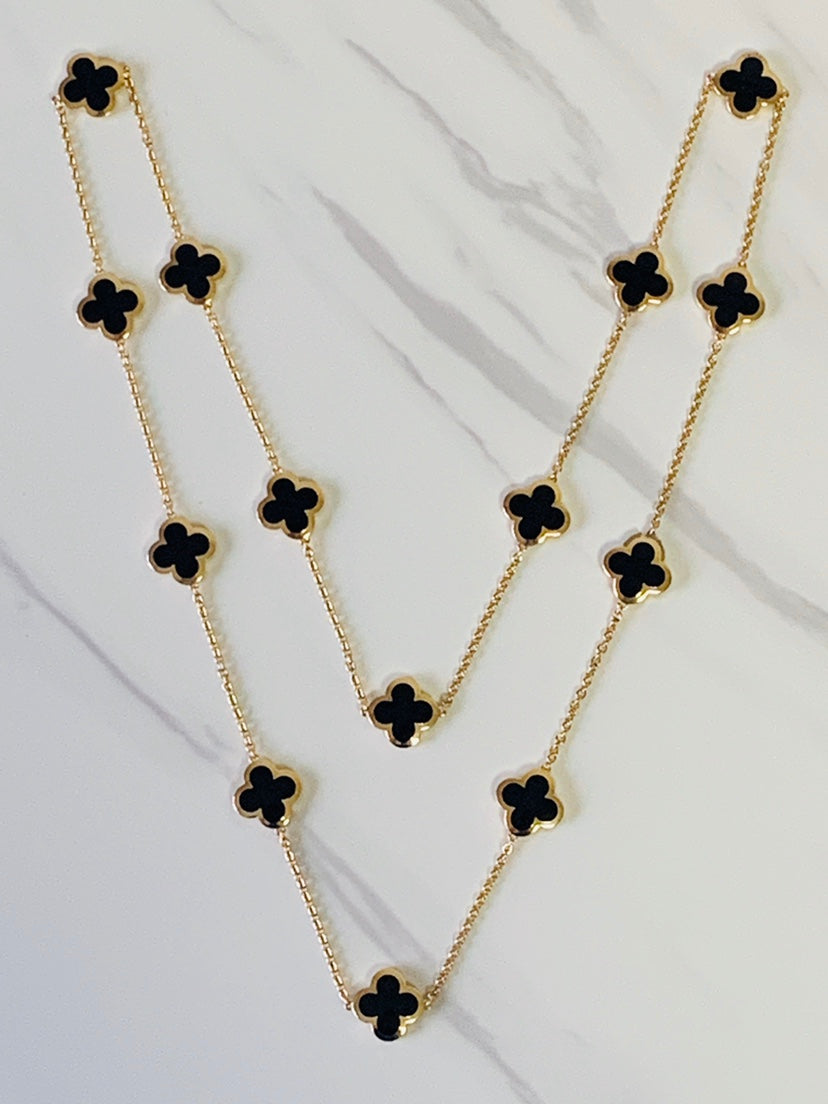 Van Cleef & Arpels Yellow Gold Onyx Pure Alhambra 14 Motif Long Necklace