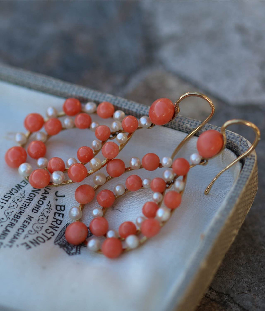 Antique Coral and Pearl Gold Teardrop Earrings