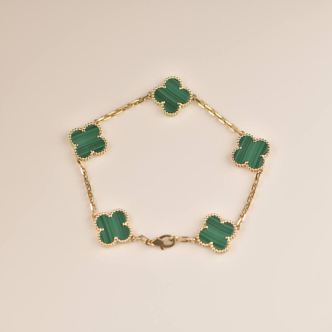 Van Cleef & Arpels 5 Motif Vintage Alhambra Malachite Yellow Gold Bracelet