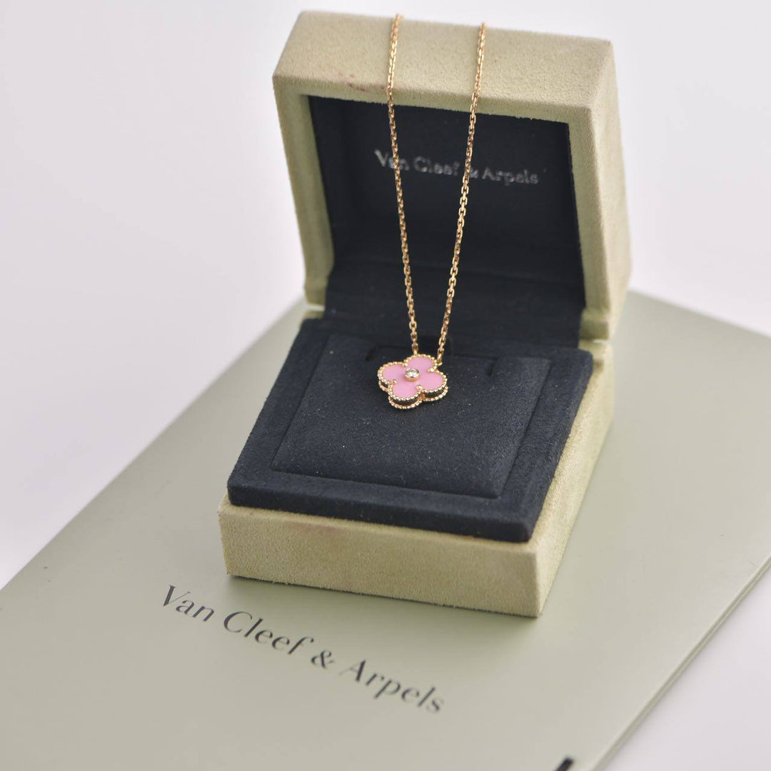 Van Cleef Alhambra 2015 Holiday Diamond Pink Sèvres Porcelain Pendant Necklace