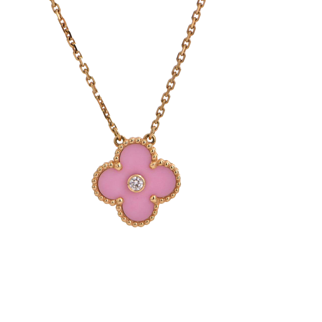 Van Cleef Alhambra 2015 Holiday Diamond Pink Sèvres Porcelain Pendant Necklace