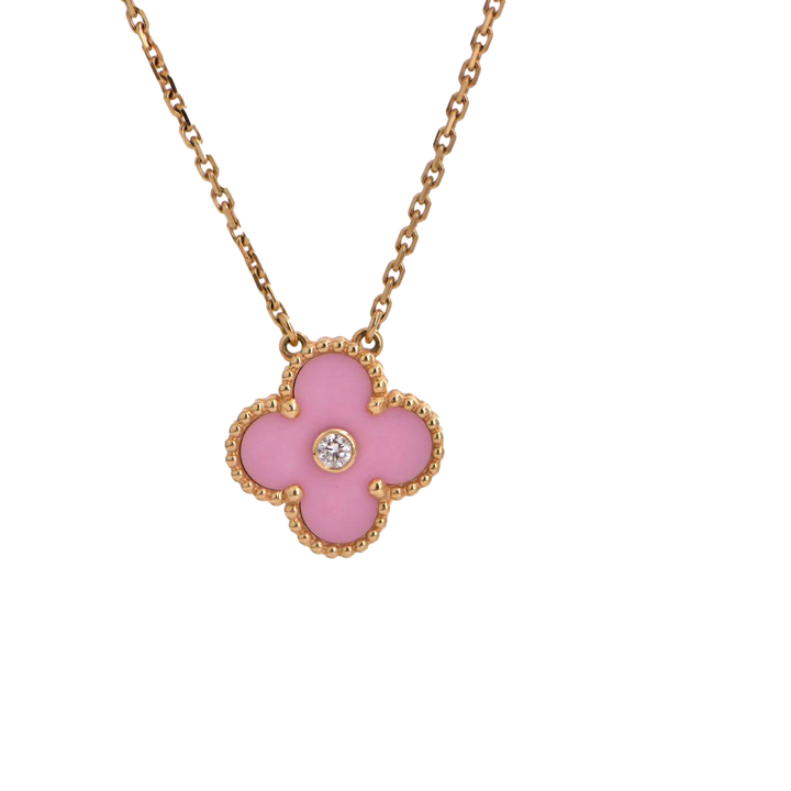Van Cleef Alhambra 2015 Holiday Diamond Pink Sèvres Porcelain Pendant Necklace