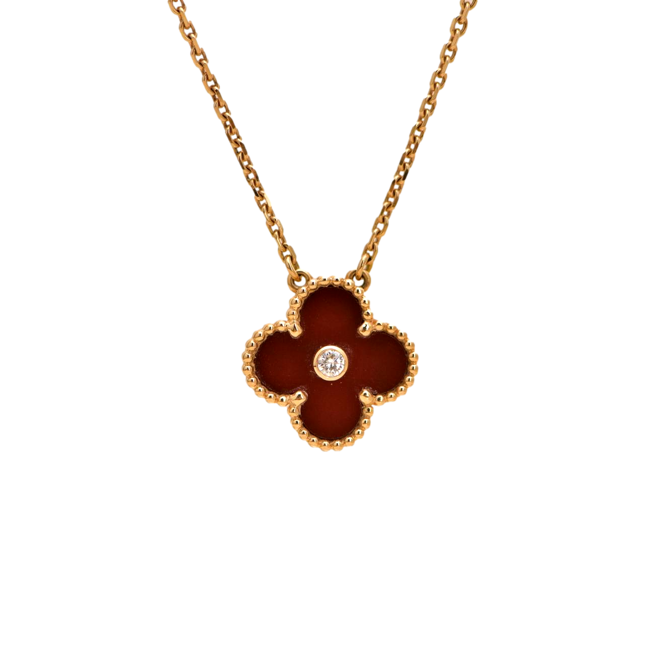 Van Cleef & Arpels Carnelian 18 Karat Yellow Gold Vintage Alhambra Necklace  | Wilson's Estate Jewelry