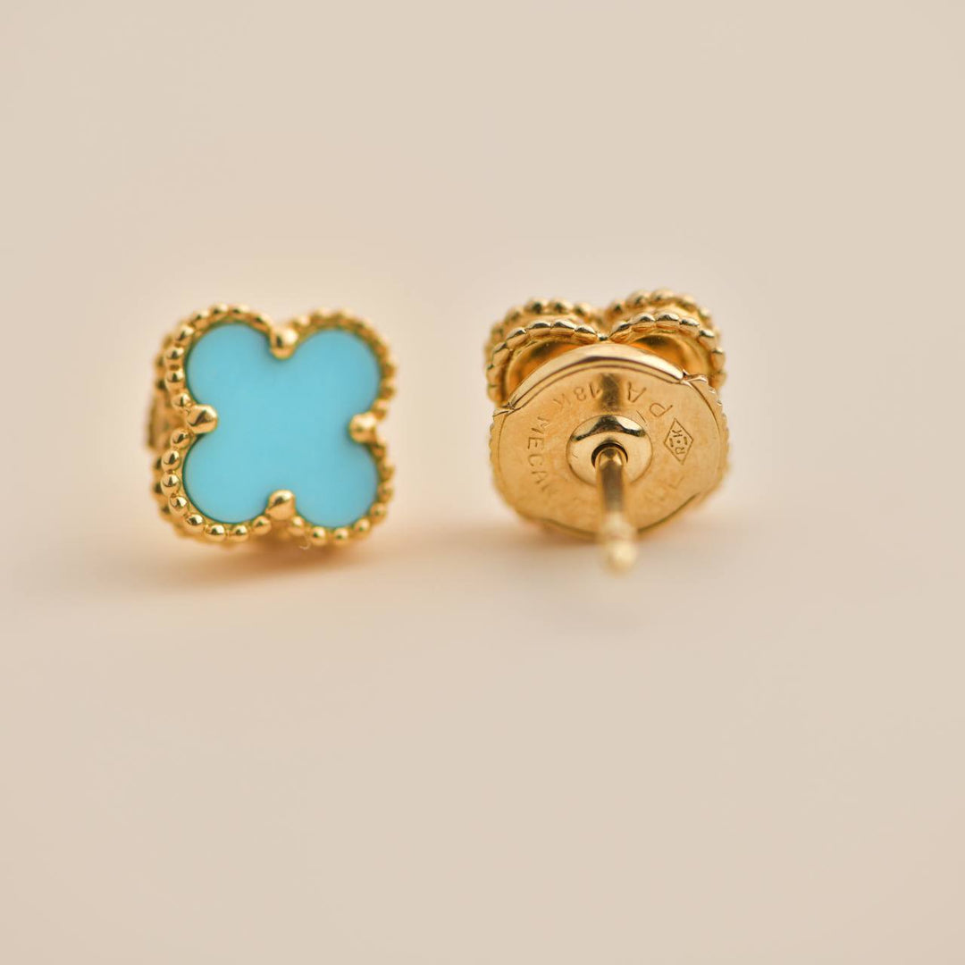 Van Cleef & Arpels Sweet Alhambra Turquoise 18K Yellow Gold Stud Earrings