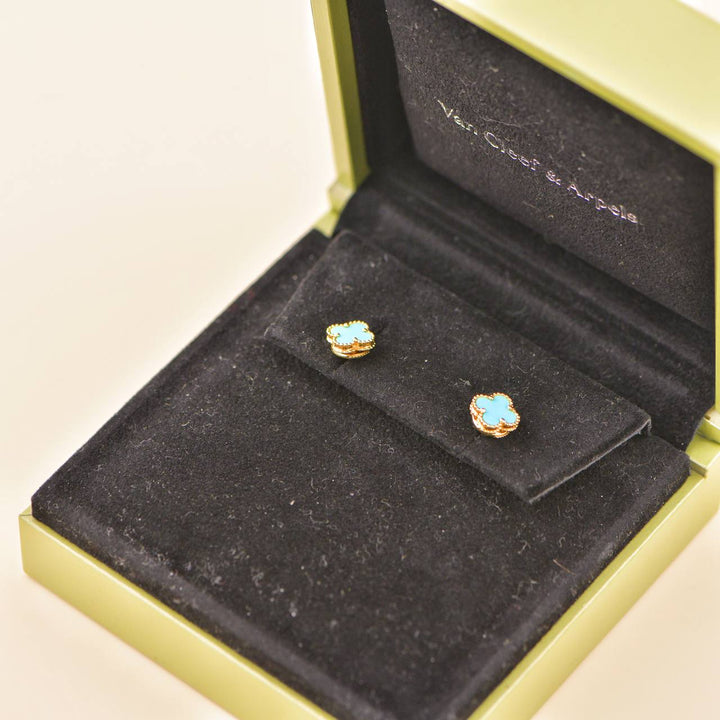 Van Cleef & Arpels Sweet Alhambra Turquoise 18K Yellow Gold Stud Earrings