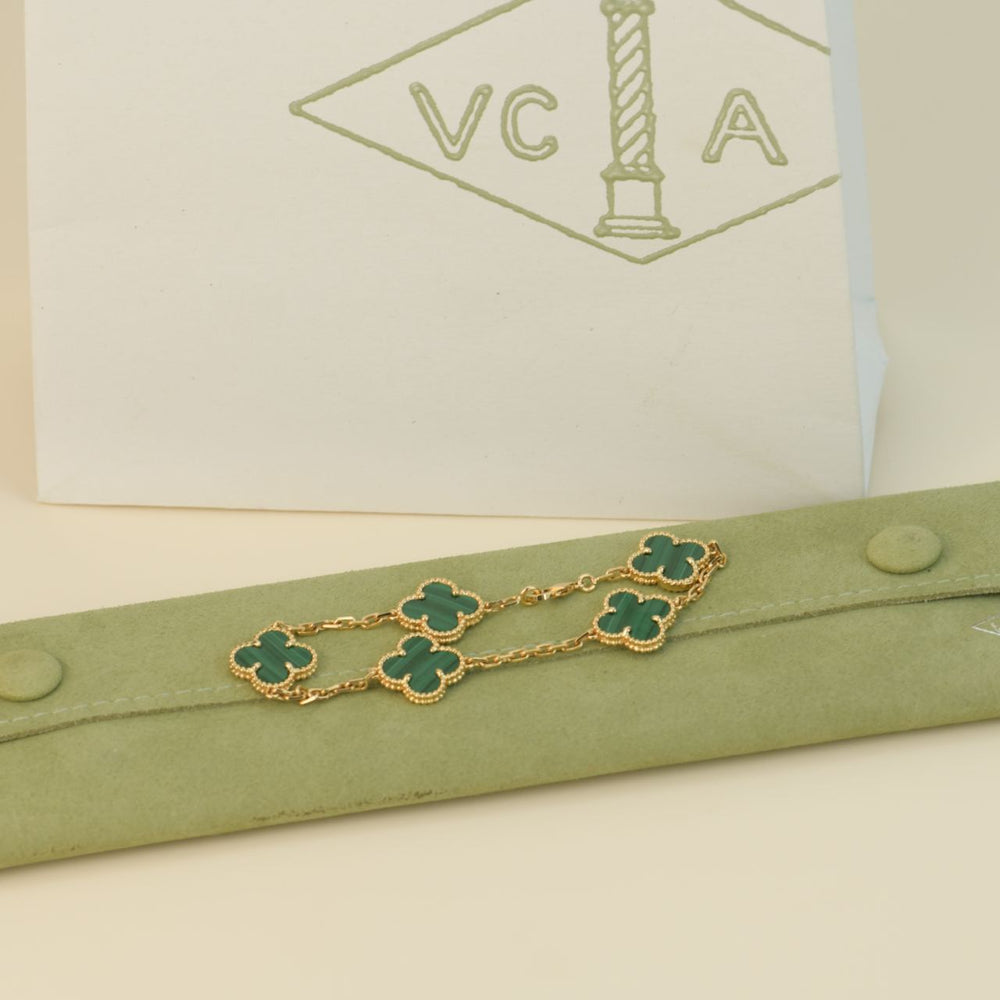 Van Cleef & Arpels 5 Motif Vintage Alhambra Malachite Yellow Gold Bracelet