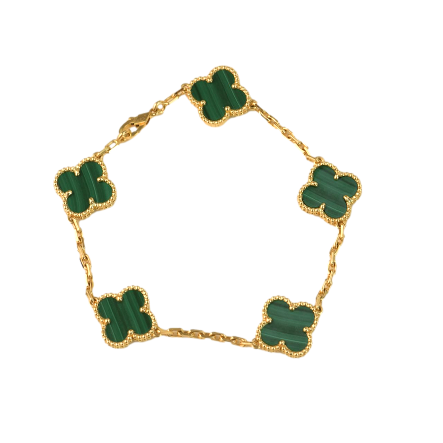 Van Cleef & Arpels 5 Motif Vintage Alhambra Malachite Yellow Gold Bracelet