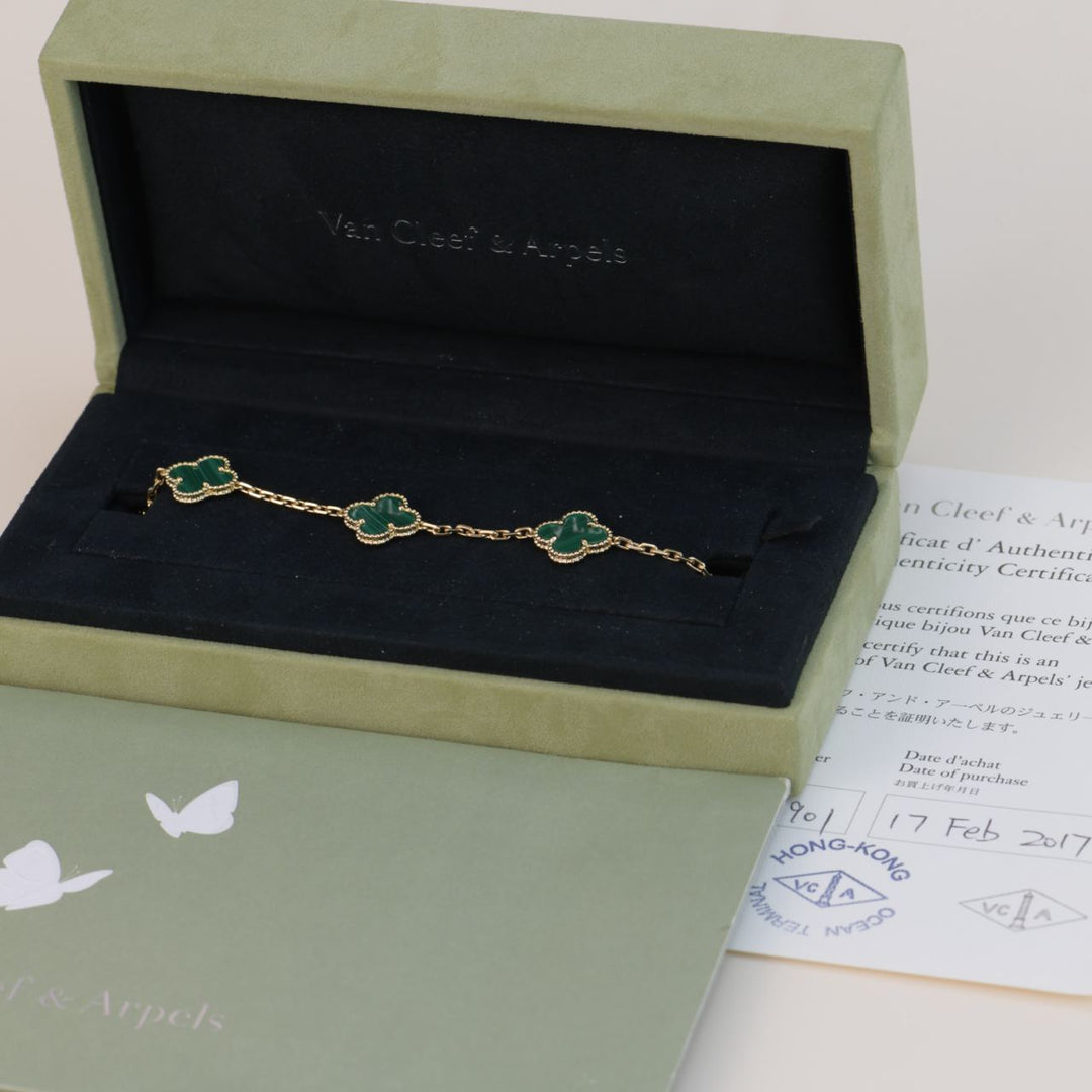 Van Cleef & Arpels 5 Motif Vintage Alhambra Malachite Yellow Gold Bracelet