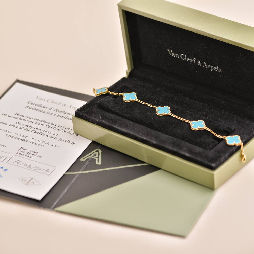 VAN CLEEF & ARPELS 5 Motif Turquoise Alhambra 18K Yellow Gold Bracelet
