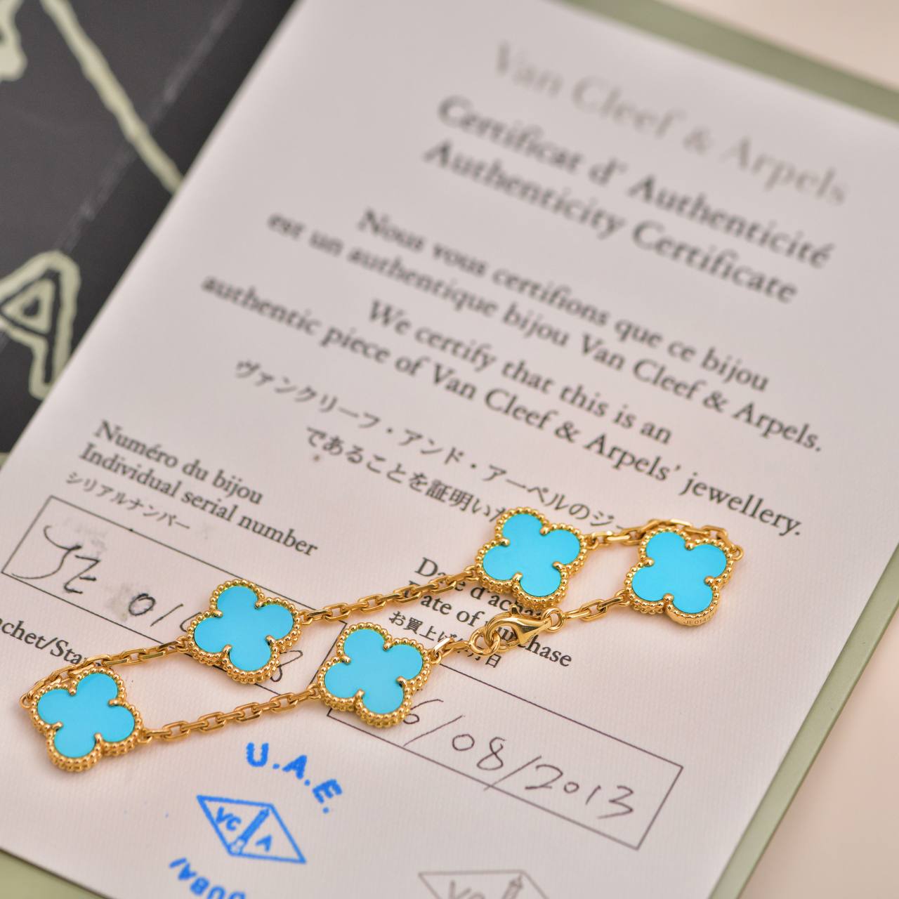 VAN CLEEF & ARPELS 5 Motif Turquoise Alhambra 18K Yellow Gold