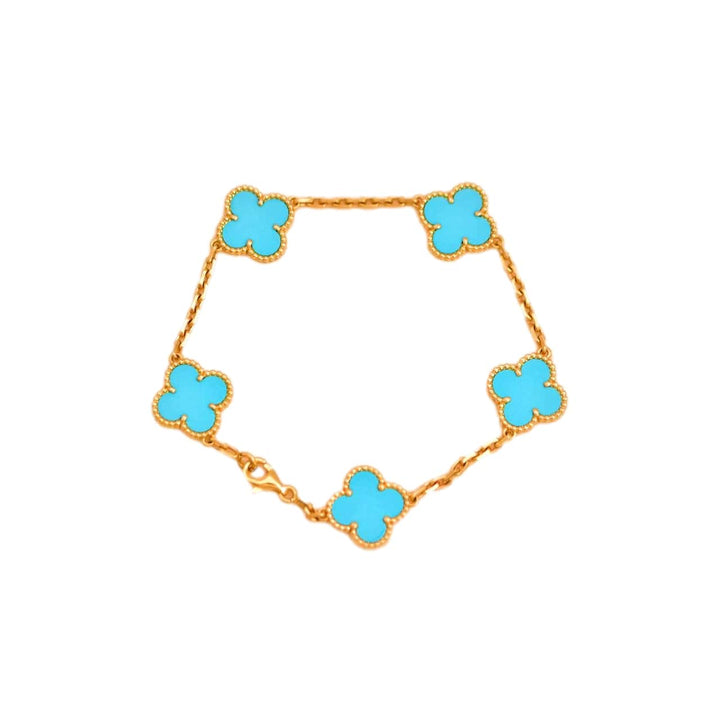 VAN CLEEF & ARPELS 5 Motif Turquoise Alhambra 18K Yellow Gold Bracelet
