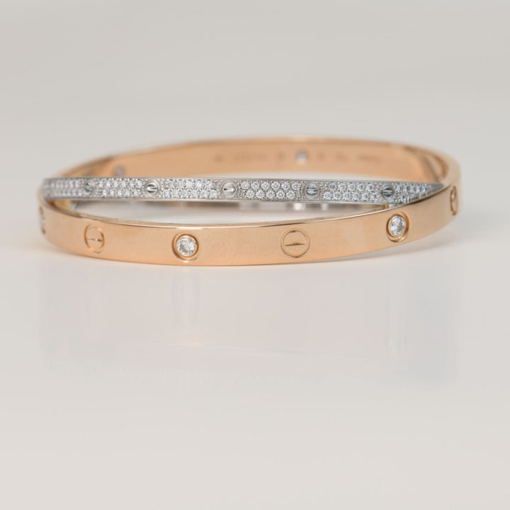 Cartier Love Bracelet Set in Rose and White Gold Pave Diamond Size 18