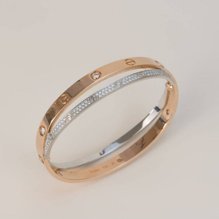 Cartier Love Bracelet Set in Rose and White Gold Pave Diamond Size 18