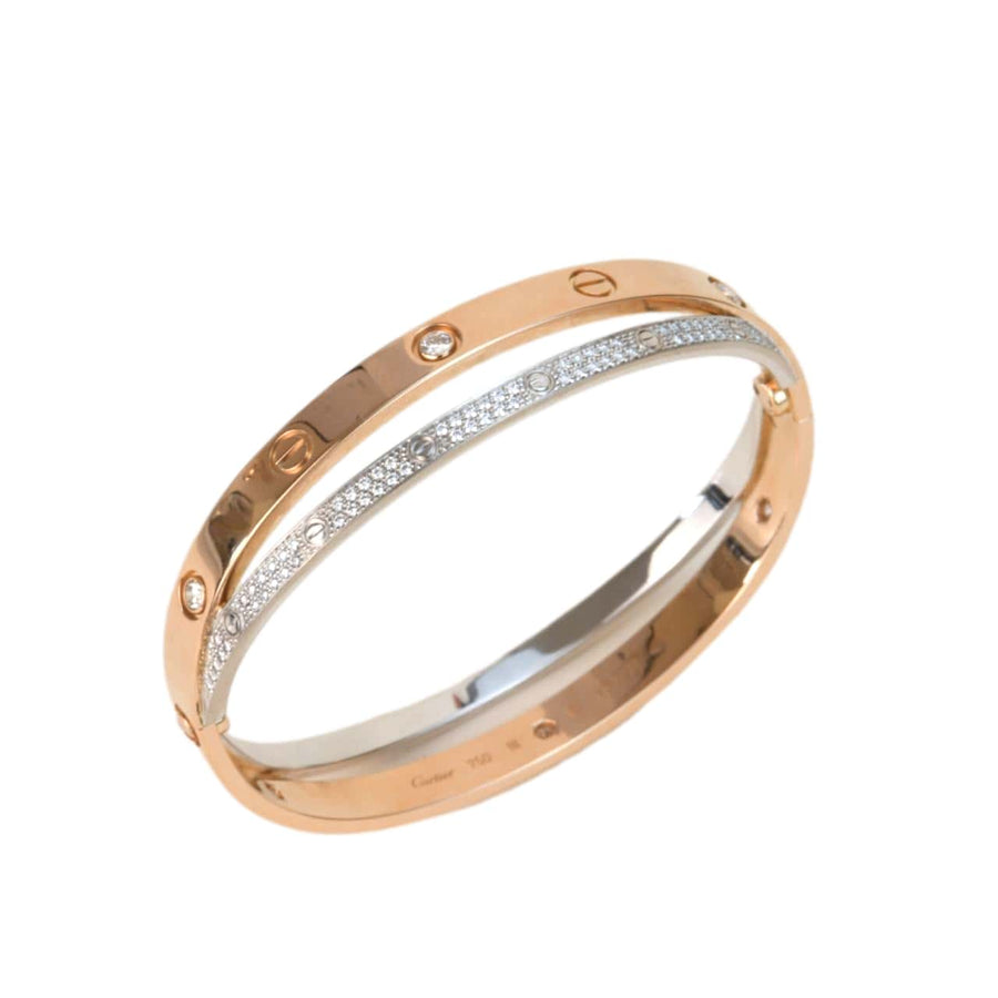 Cartier Love Bracelet Set in Rose and White Gold Pave Diamond Size 18