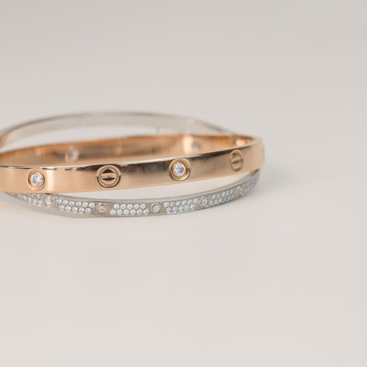 Cartier Love Bracelet Set in Rose and White Gold Pave Diamond Size 18