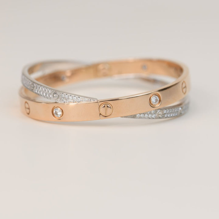 Cartier Love Bracelet Set in Rose and White Gold Pave Diamond Size 18