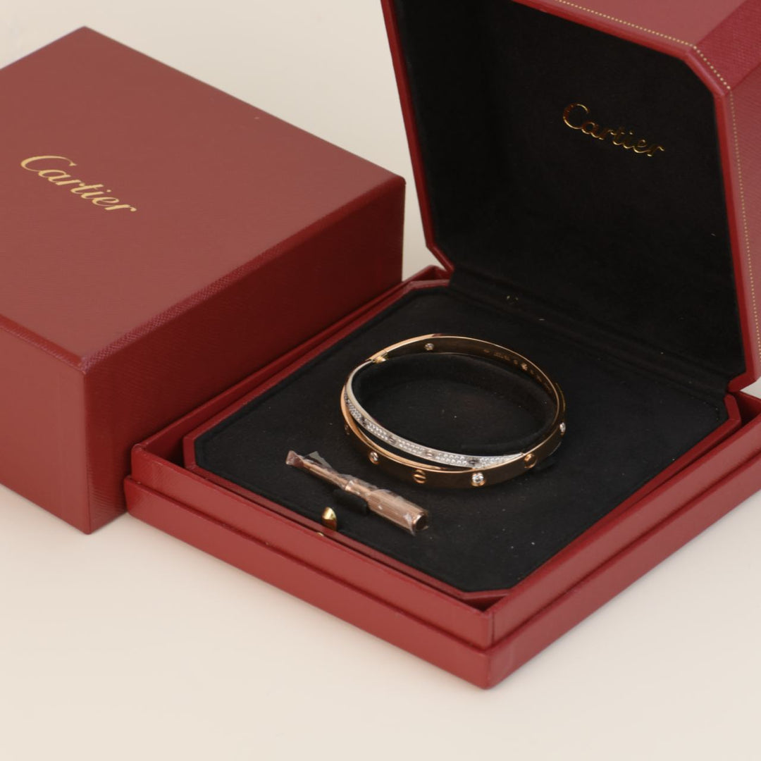 Cartier Love Bracelet Set in Rose and White Gold Pave Diamond Size 18