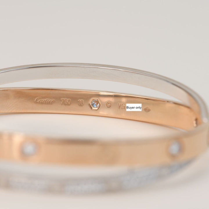 Cartier Love Bracelet Set in Rose and White Gold Pave Diamond Size 18