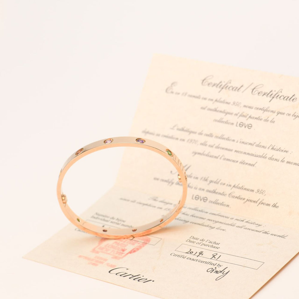 Cartier Love Bracelet Multi Gem Rainbow Rose Gold Size 17