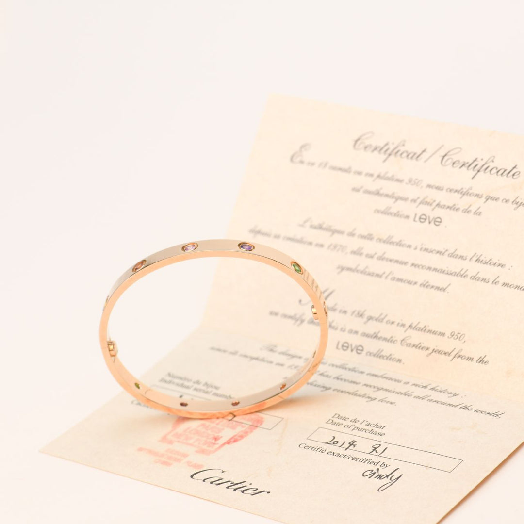 Cartier Love Bracelet Multi Gem Rainbow Rose Gold Size 17