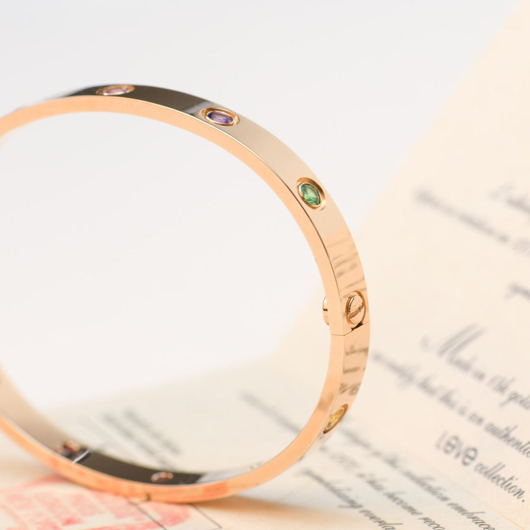 Cartier Love Bracelet Multi Gem Rainbow Rose Gold Size 17